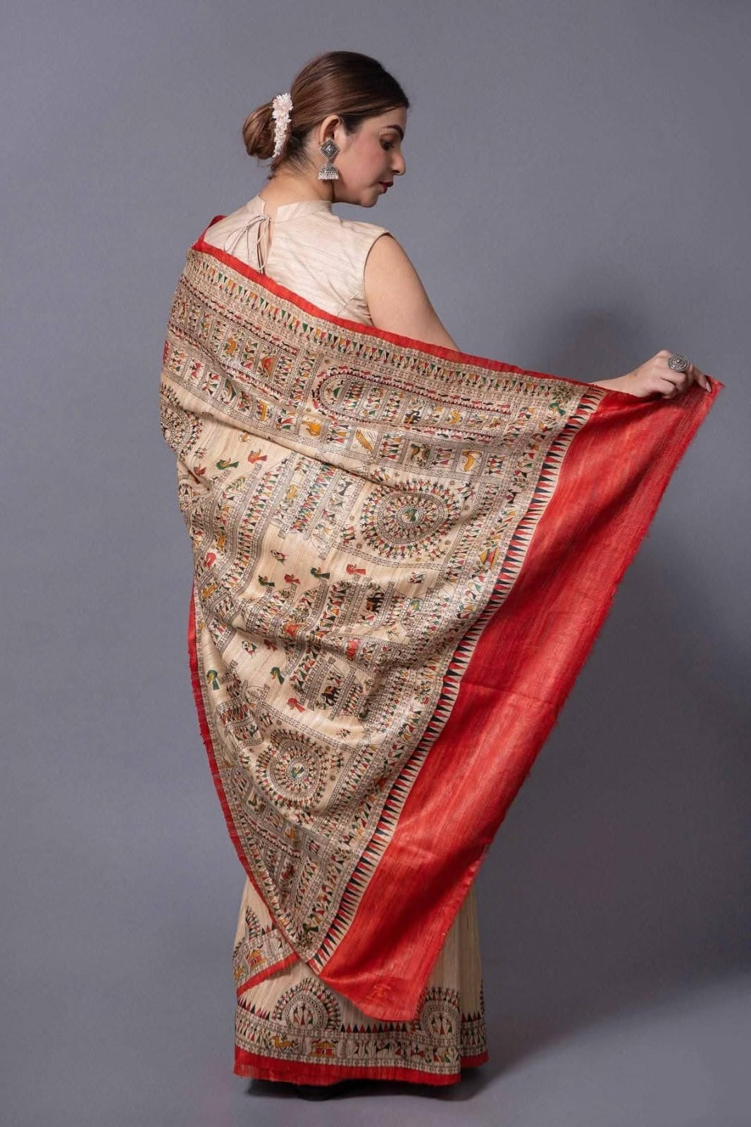 Pure Tussar Ghichcha Bhagalpuri Silk Saree with Madhubani & Warli Print.