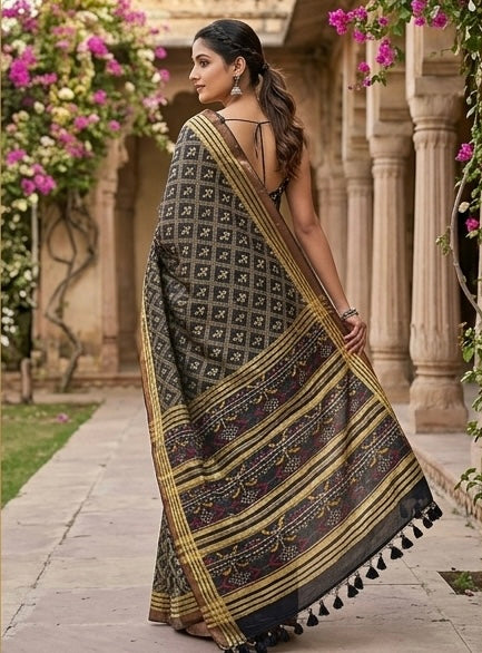 Premium Black pure linen saree