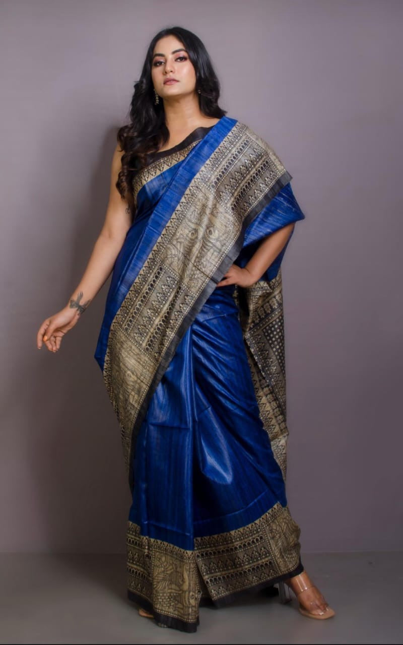 Pure Tussar Ghichcha Bhagalpuri Silk Saree with Madhubani & Warli Print.