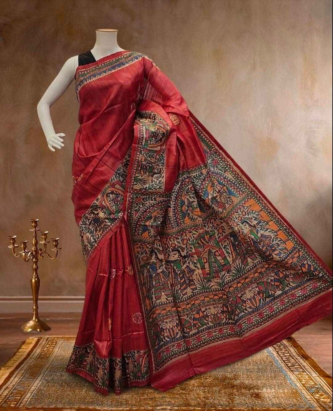 Pure Tussar Gichcha silk Madhubani Handprinted Saree