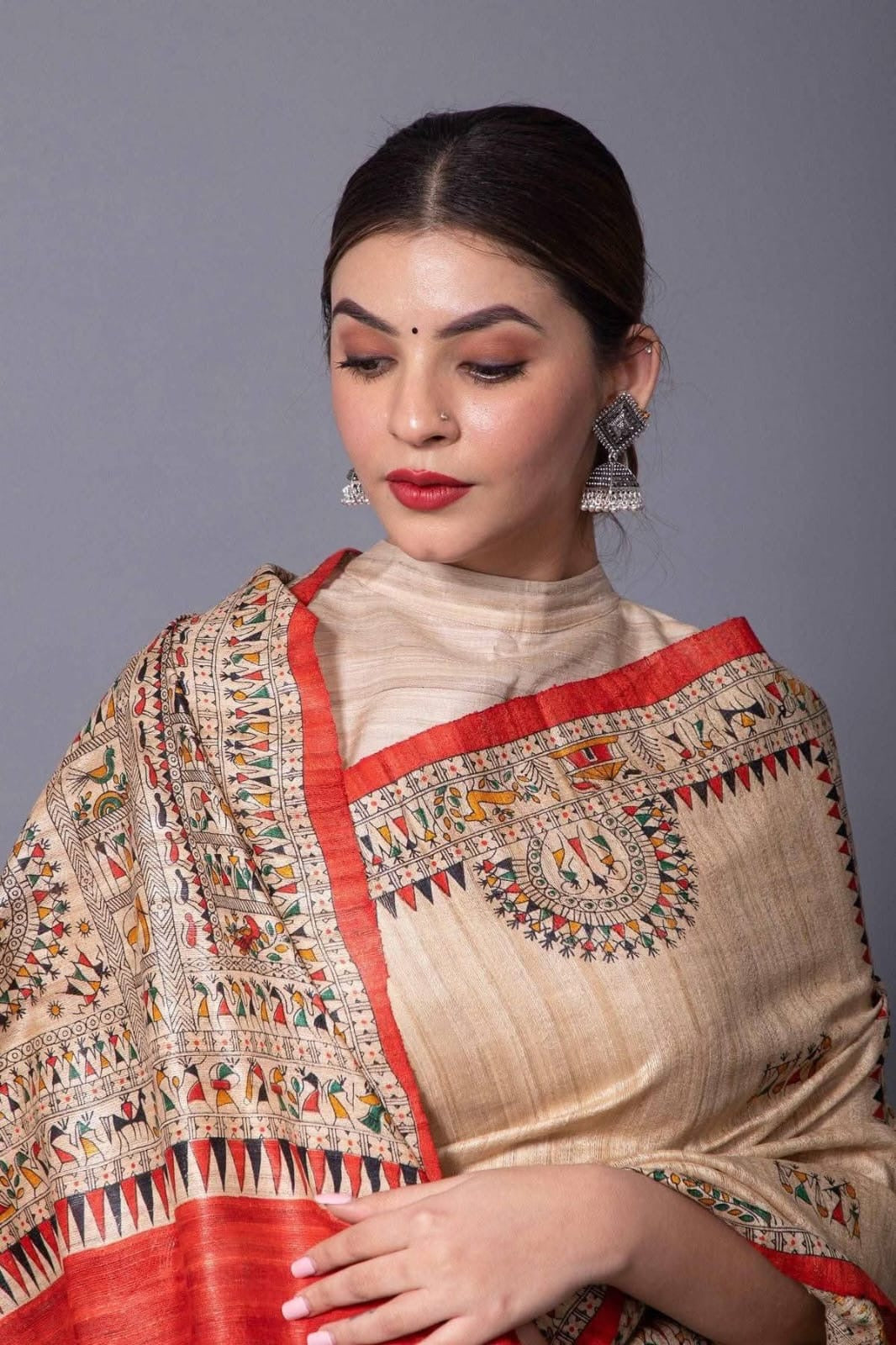 Pure Tussar Ghichcha Bhagalpuri Silk Saree with Madhubani & Warli Print.