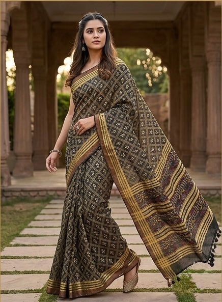 Premium Black pure linen saree