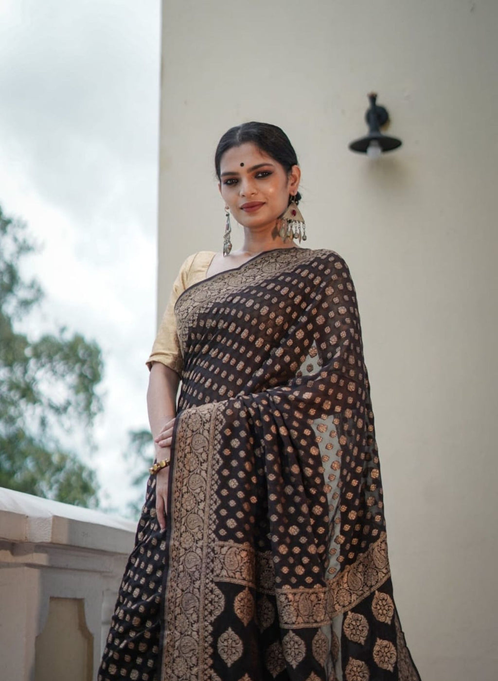 Georgette silk butta design saree with banarasi work