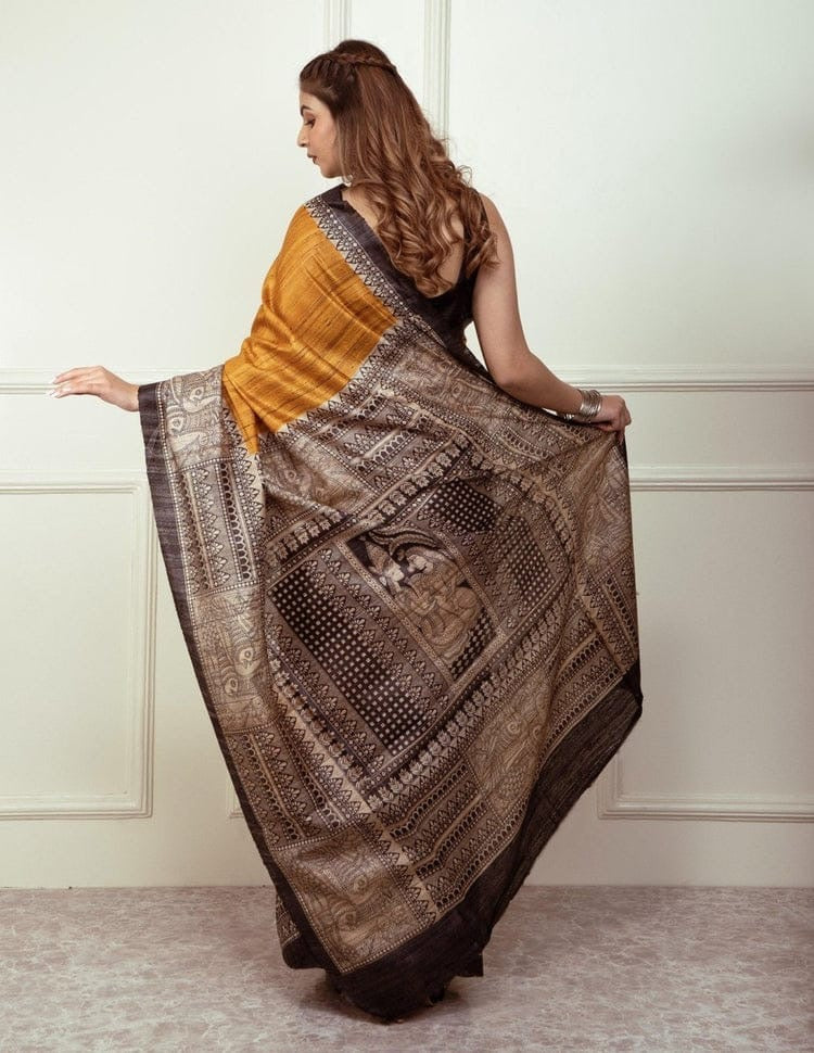 Pure Tussar Ghichcha Bhagalpuri Silk Saree with Madhubani & Warli Print.