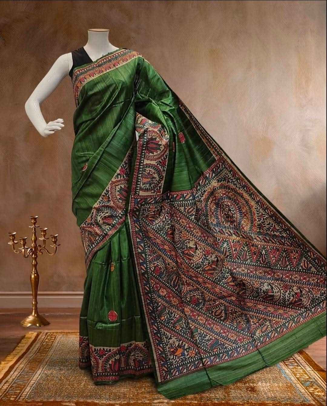 Pure Tussar Gichcha silk Madhubani Handprinted Saree