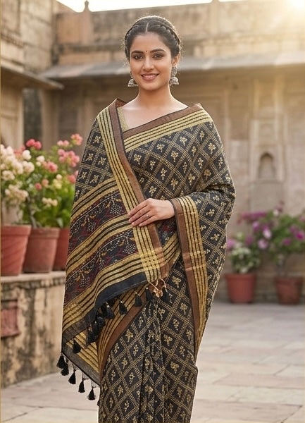 Premium Black pure linen saree