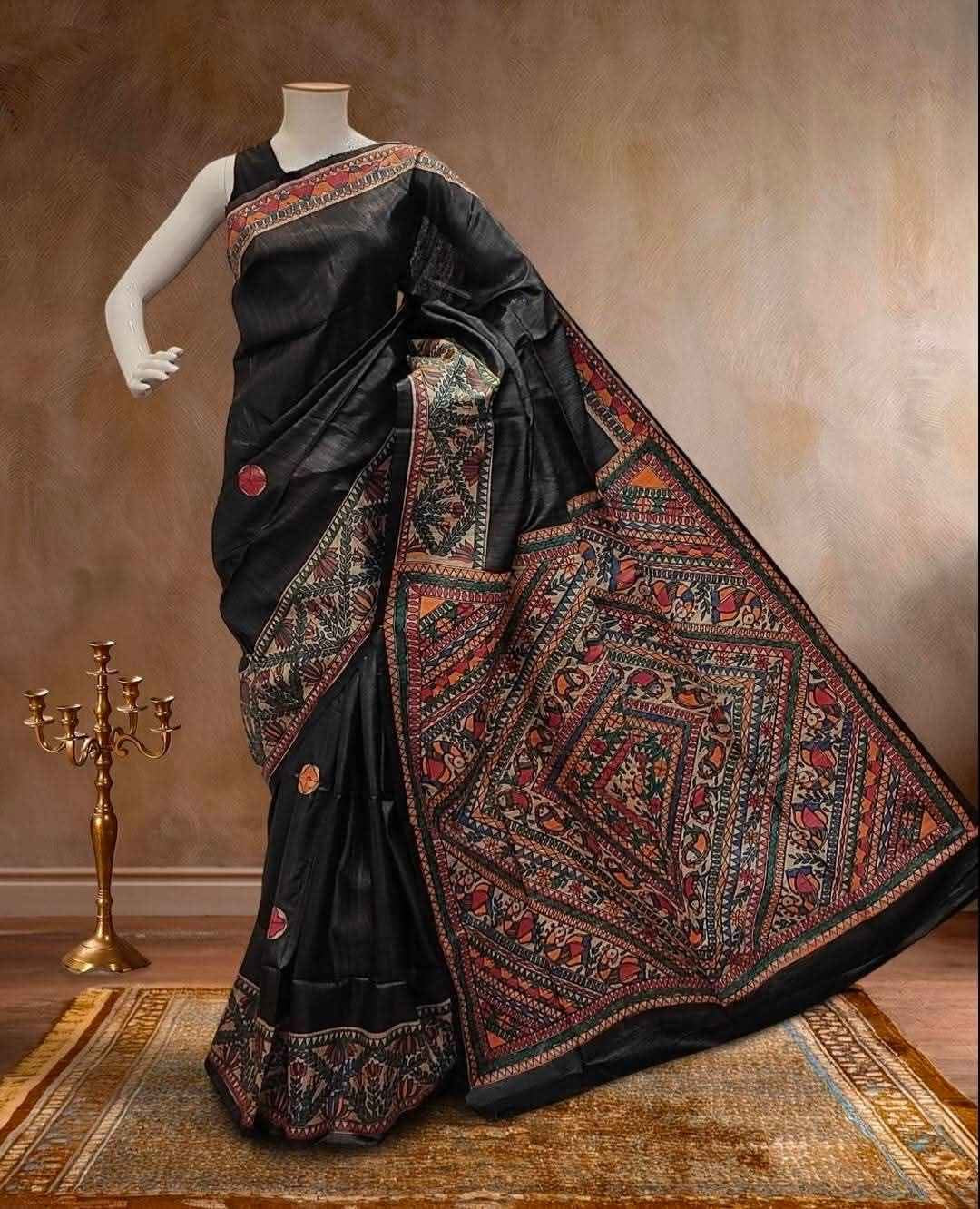 Pure Tussar Gichcha silk Madhubani Handprinted Saree