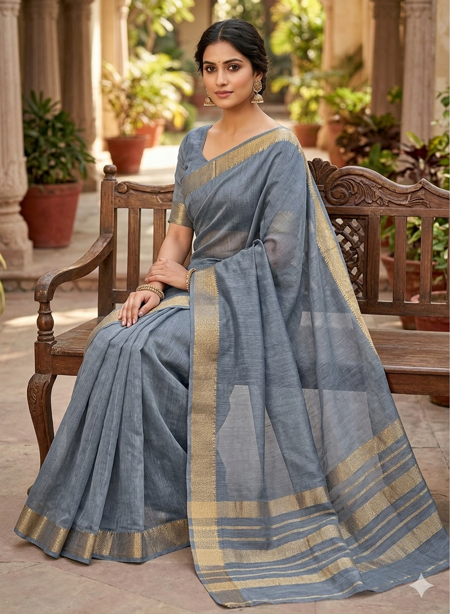 Premium Pastel blue pure linen saree