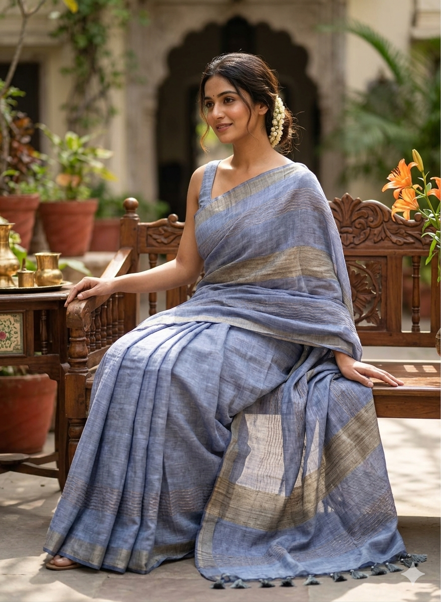 Premium Pastel blue pure linen saree