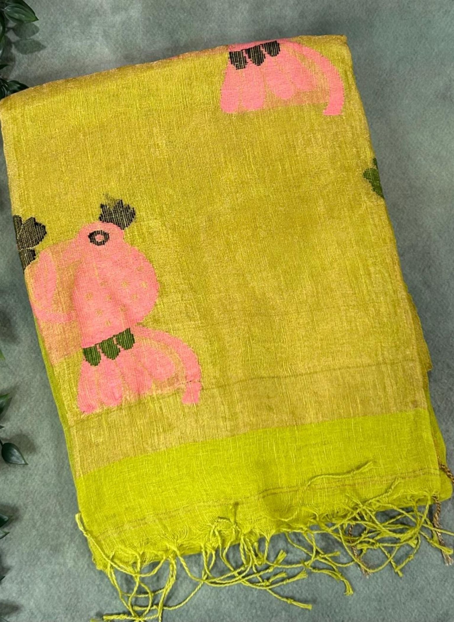 Premium Neon green pure jamdani linen saree