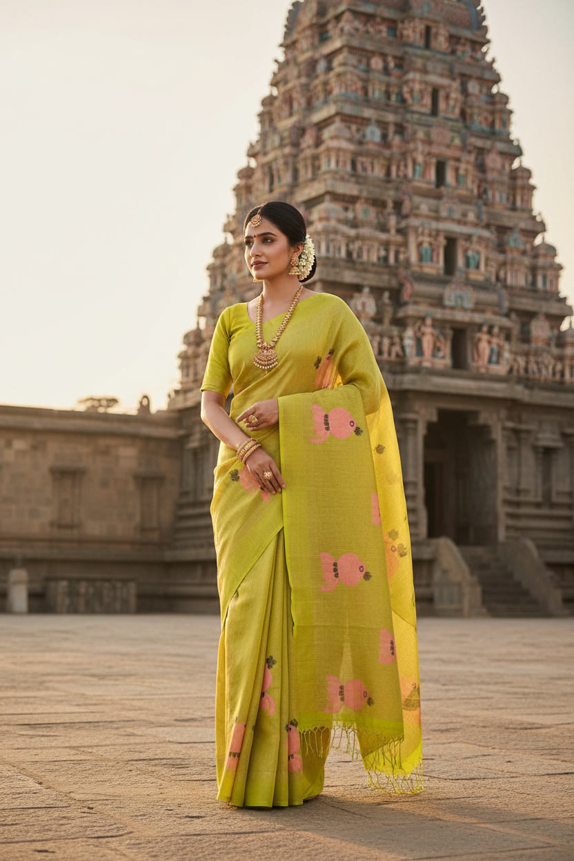 Premium Neon green pure jamdani linen saree