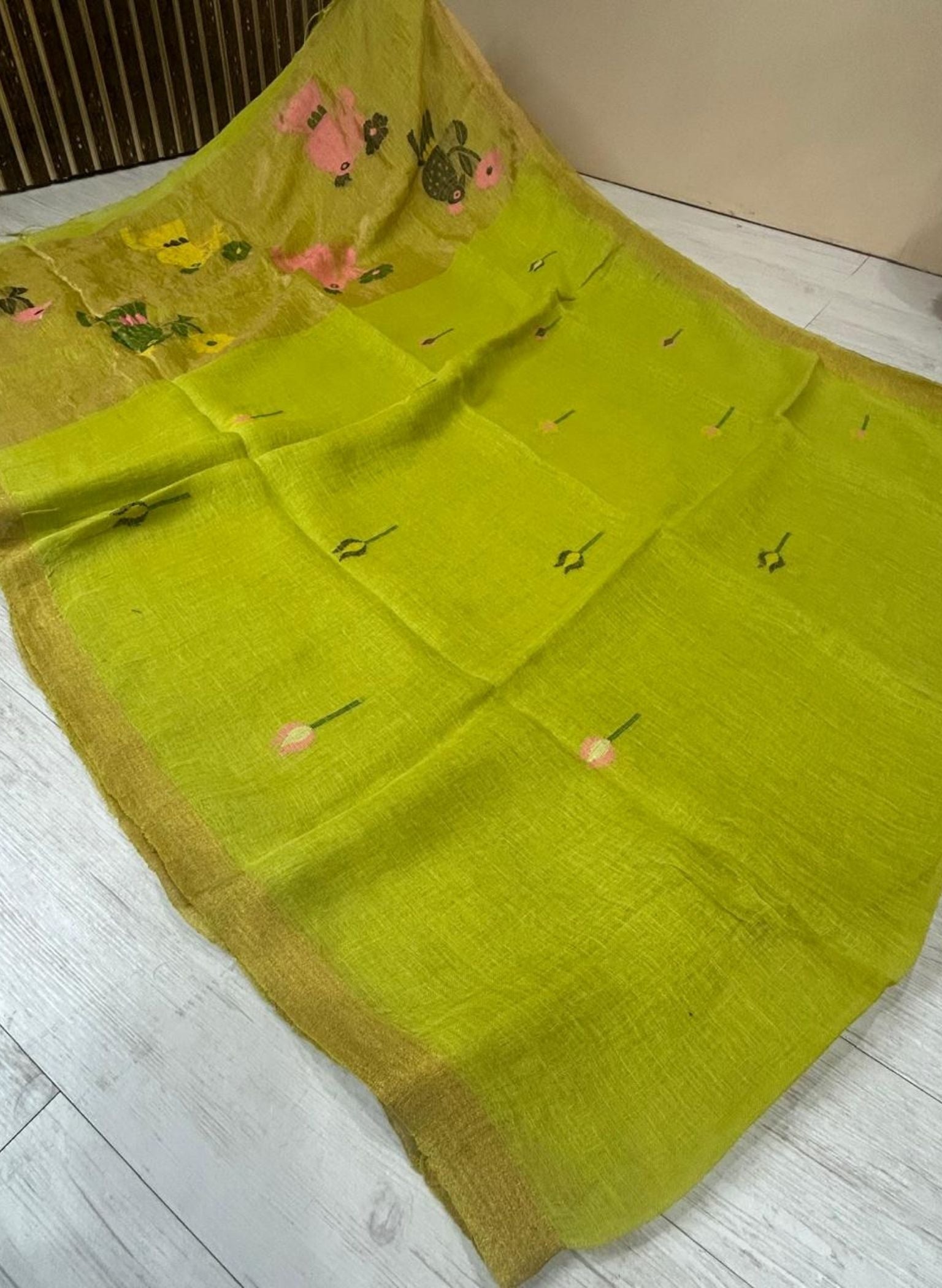 Premium Neon green pure jamdani linen saree