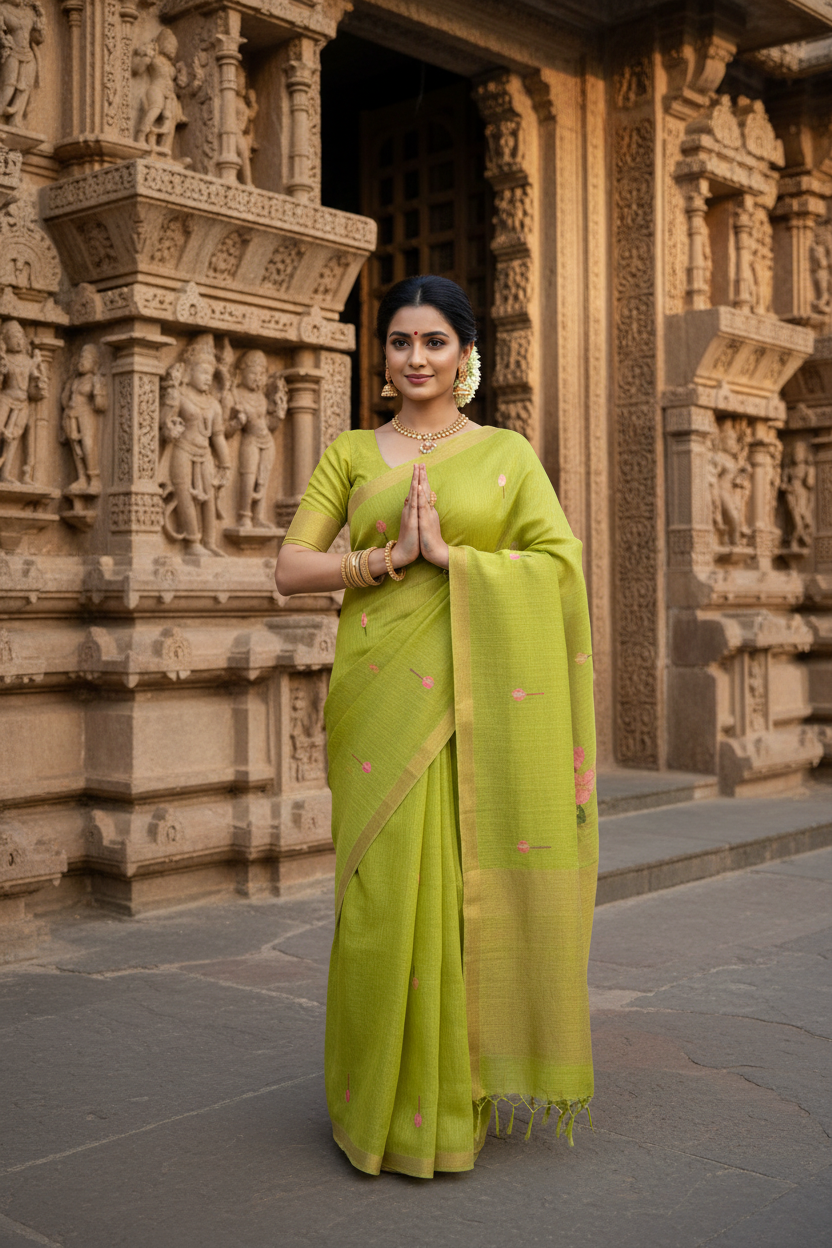Premium Neon green pure jamdani linen saree
