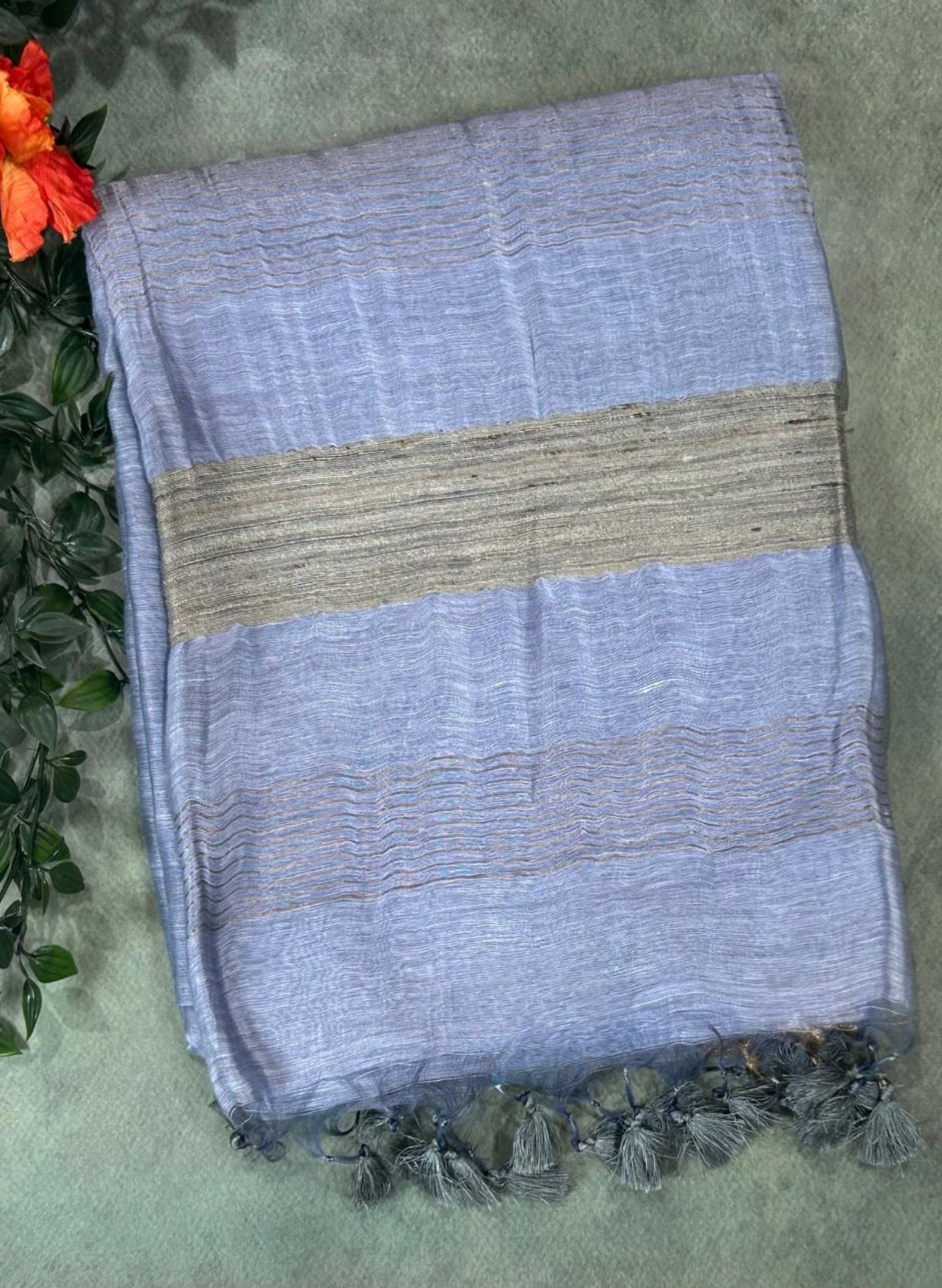 Premium Pastel blue pure linen saree