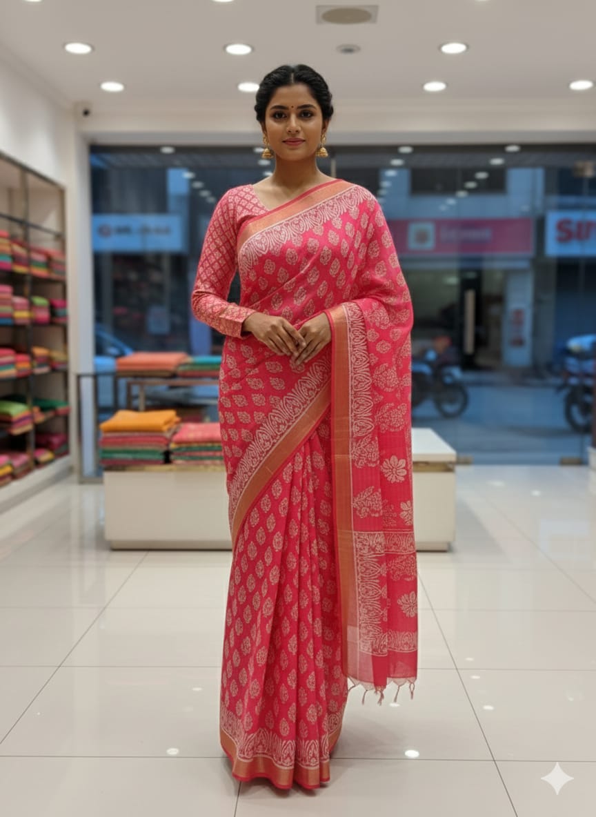Sanganeri Print Kota Silk Bhagalpuri Saree with running blouse